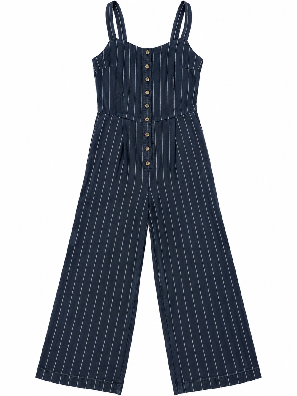 Roolee Navy Pinstripe Button-Front Wide-Leg Jumpsuit